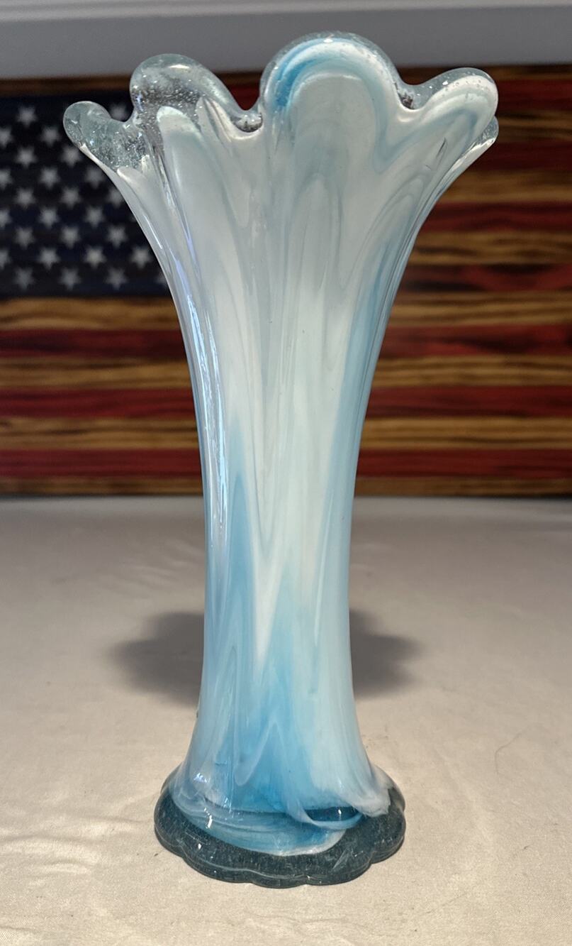 VINTAGE Murano Style BLUE WHITE SWUNG GLASS VASE WITH RUFFLED TOP VASE 10.5"